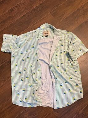 Short-Sleeve Green Striped Novelty Print Shirt